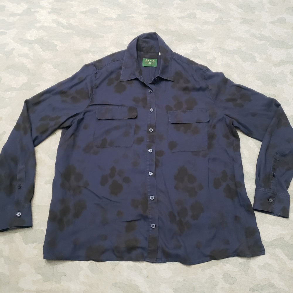 Orvis Shirt Womens Large Blue Silk Floral Long Sleeve Button-Up Outdoors
